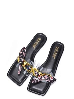 Cape Robbin Rival Chain Bow Square Toe Flat Sandals - Black